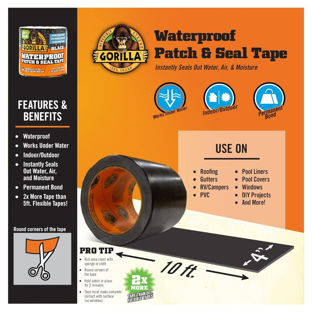 Gorilla Waterproof Patch & Seal Tape Black 4In X 10Ft