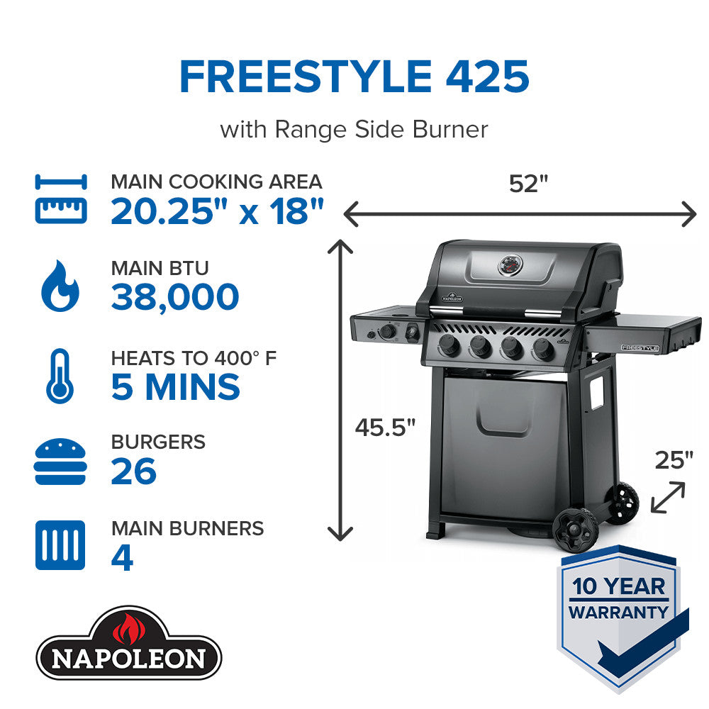 Napoleon Freestyle 425 Propane Gas Grill With Range Side Burner, Graphite
