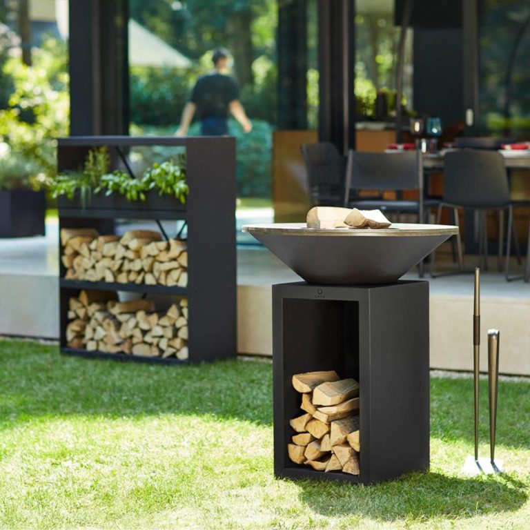 OFYR Classic Storage Black 85 Wood-Fired Outdoor Grill & Fire Pit – Compact Plancha BBQ with Built-In Log Storage