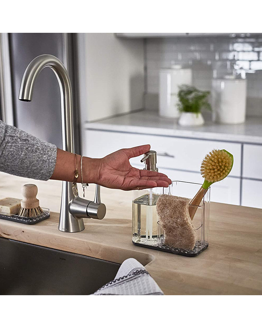 Spectrum Hexa Sink Sponge & Brush Organizer with Soap Pump