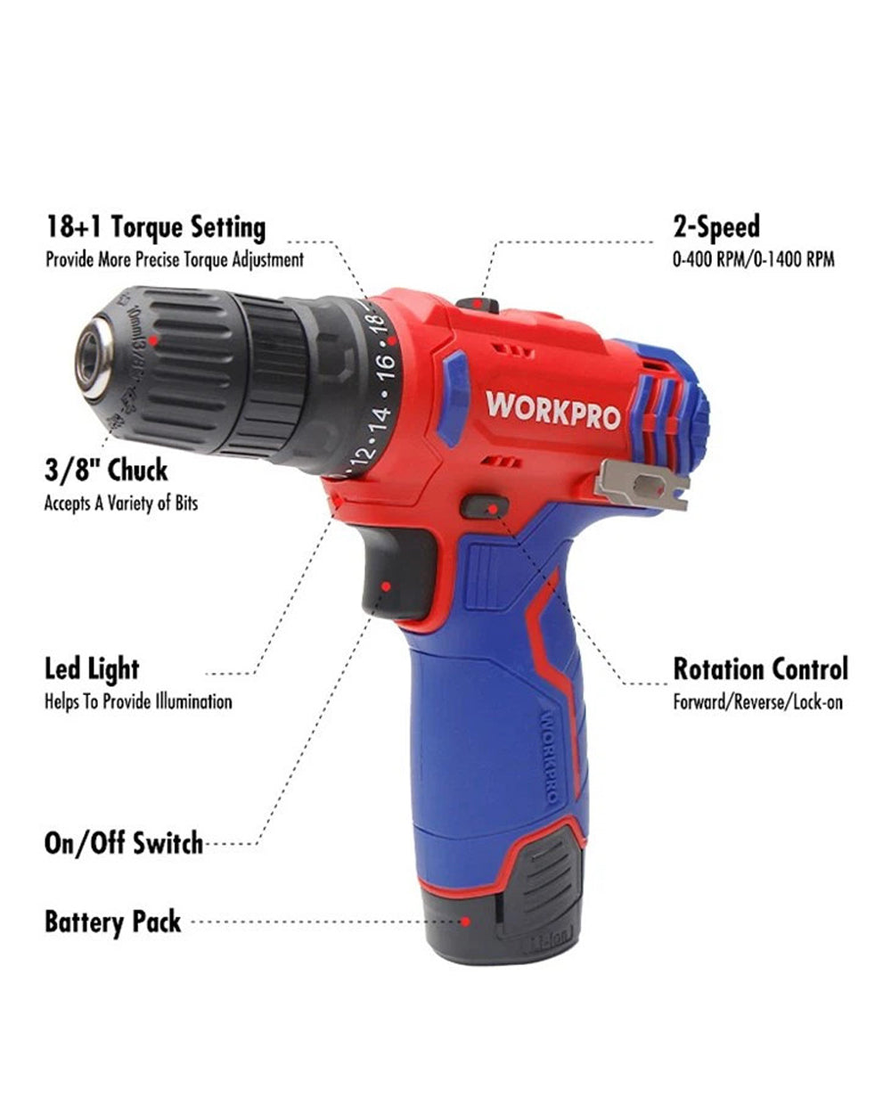 Workpro 12V 10Mm Cordless Drill