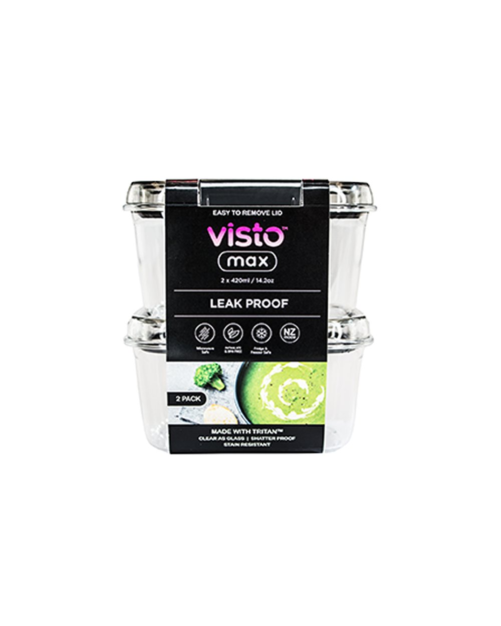 Visto Max 420ML Rectangle Storage Container Twin Pack with Clear Base & Lid