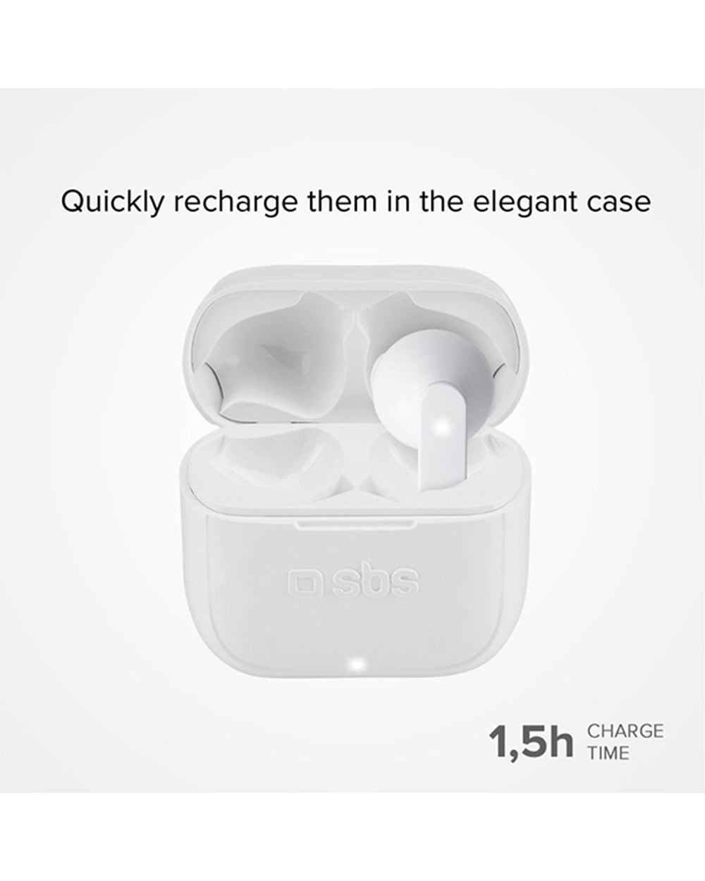 SBS Stereo Wireless Earphones 200 Mah Charging Base Touch Controls & Microphone White