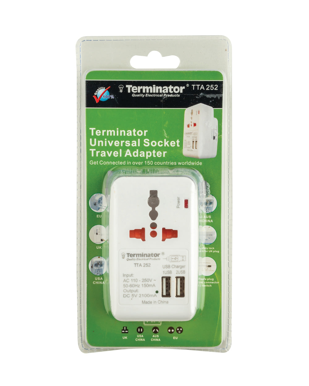 Terminator Multi-pin Travel Adaptor with Universal & 2RP Socket + 2 USB 2.1A