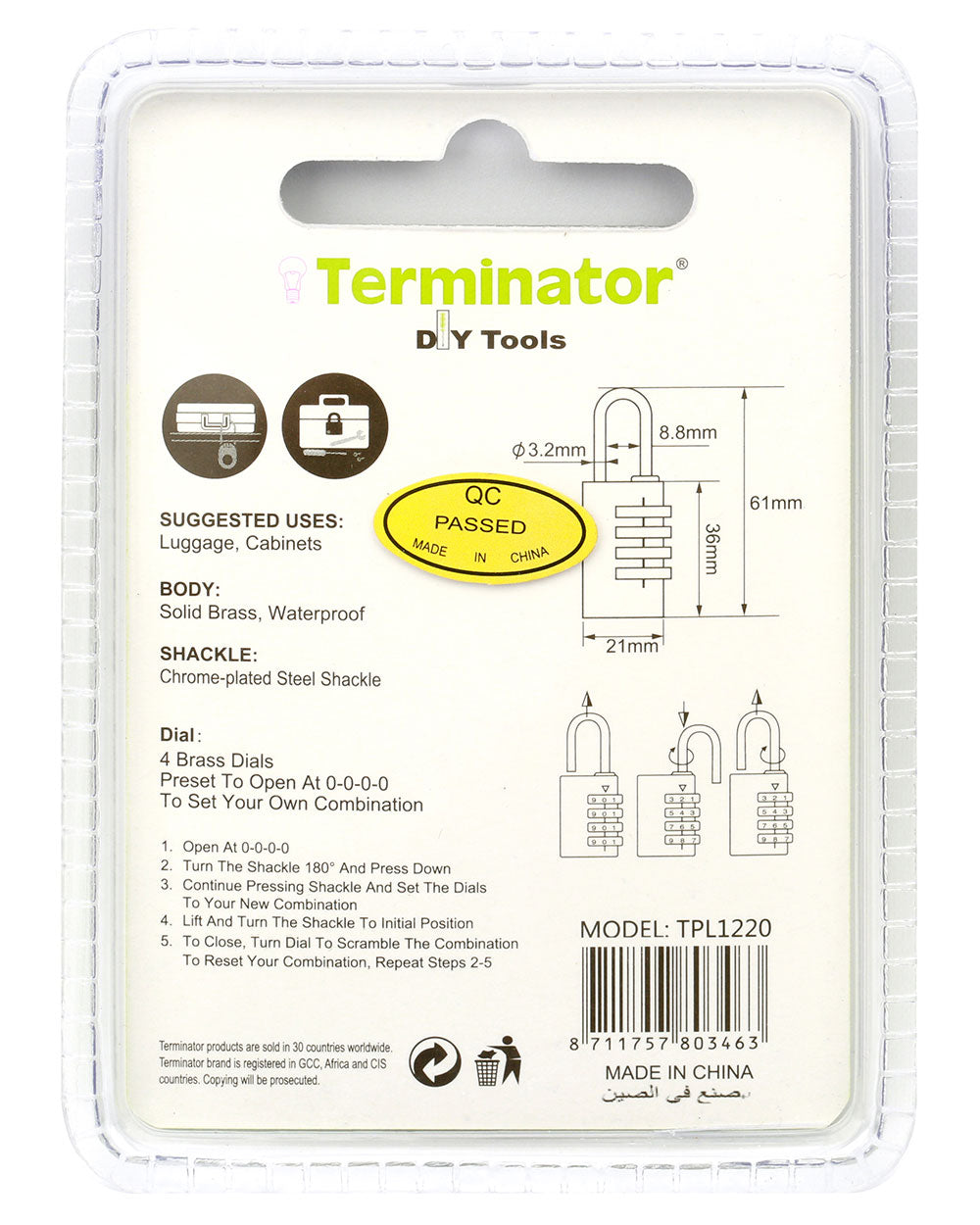 Terminator brand Brass Combination Pad Lock 20mm 4 Wheel