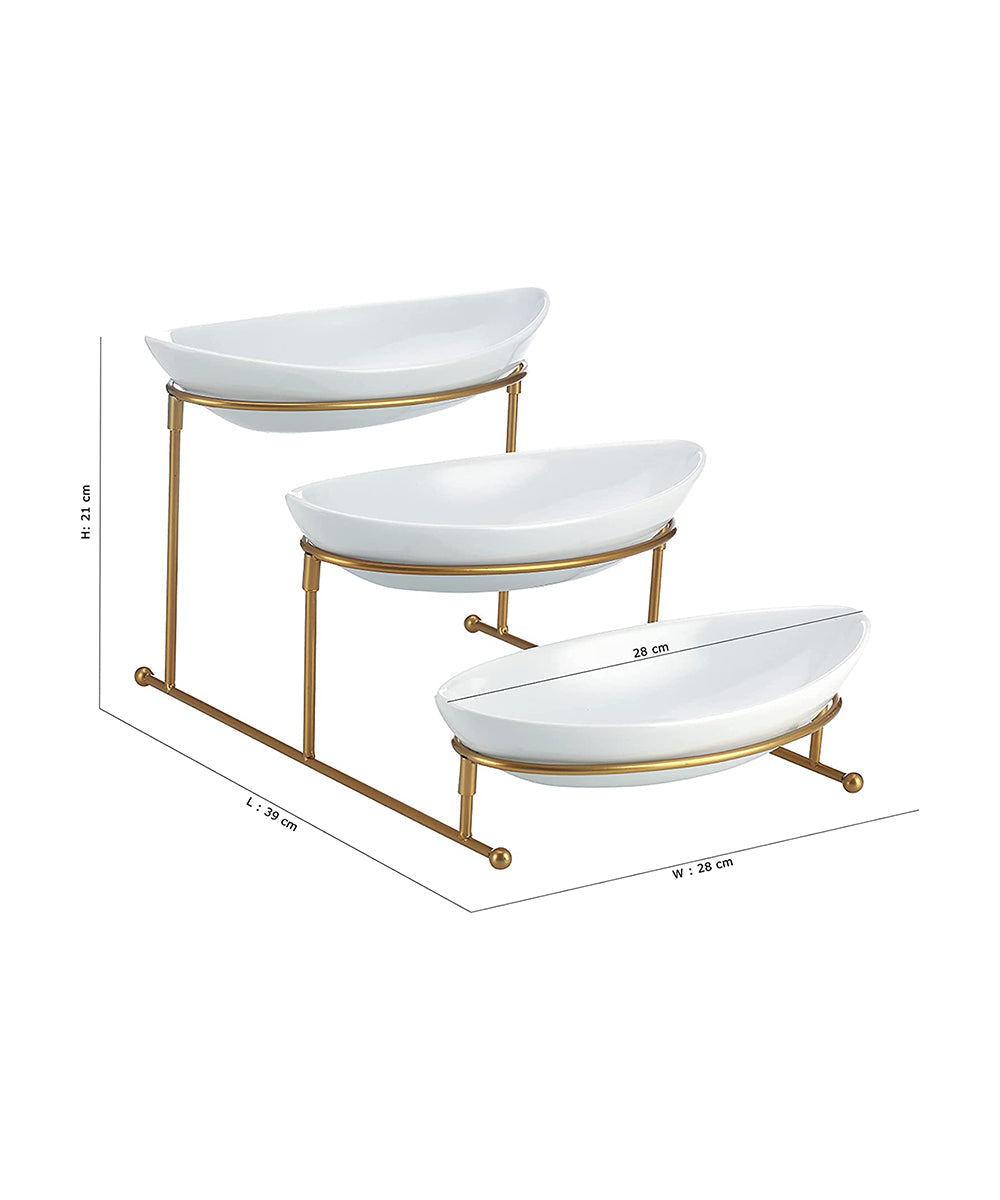 Shallow 11inches 3 Tier Oval Bowl with Gold Stand