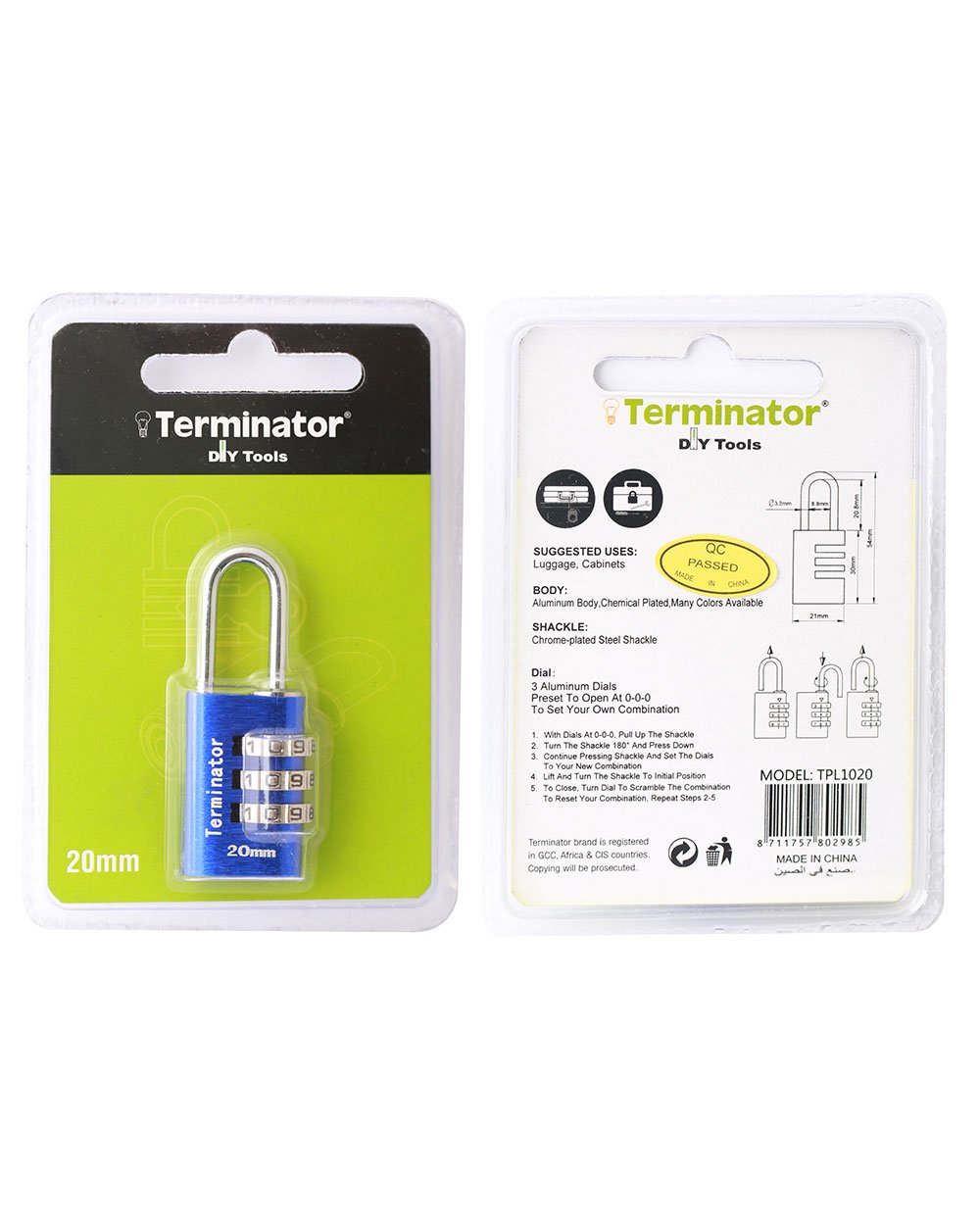Terminator brand Combination Pad Lock 20mm Blue