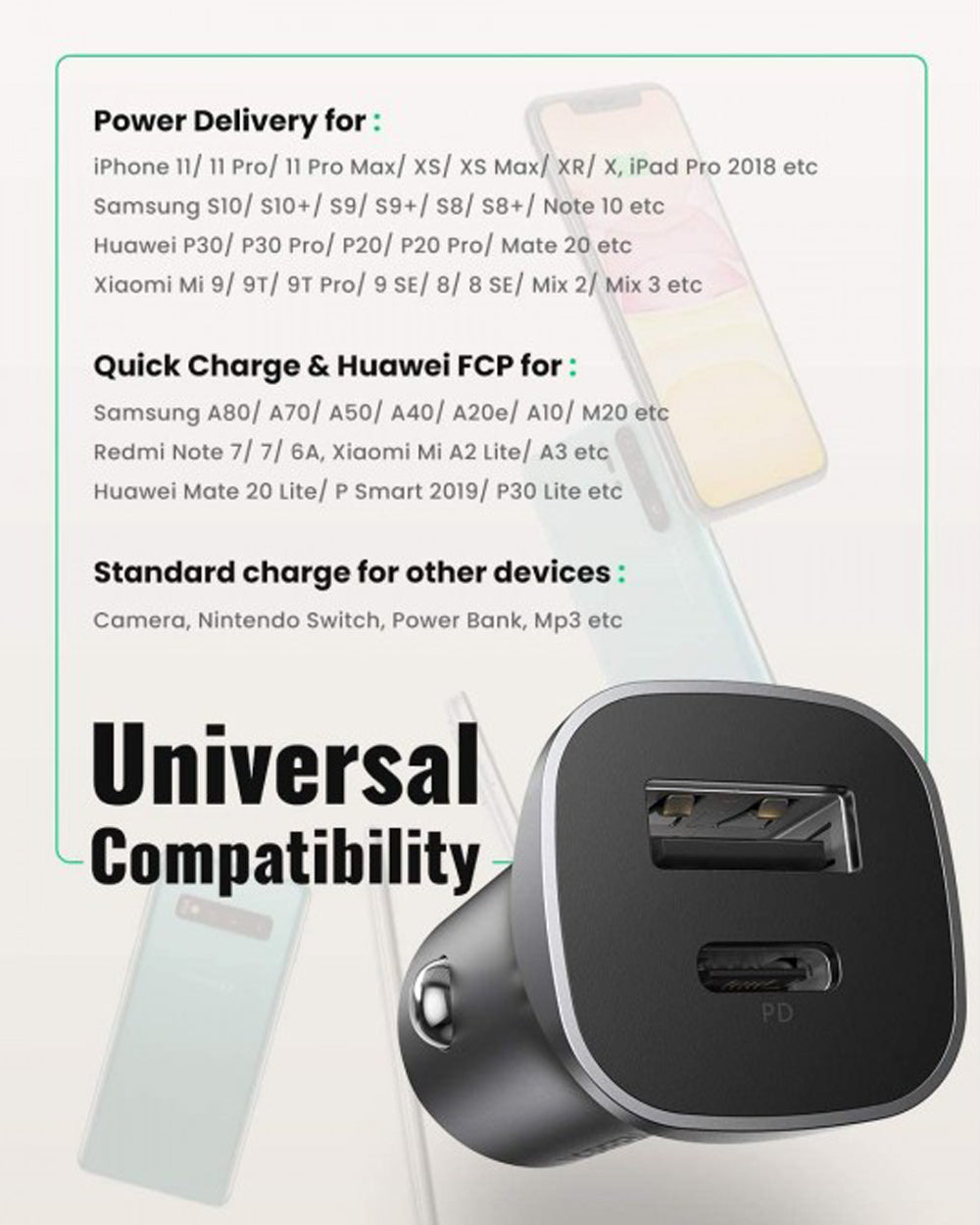 UGREEN Dual USB-C + USB-A QC 24W Aluminum Case Fast Car Charger Black
