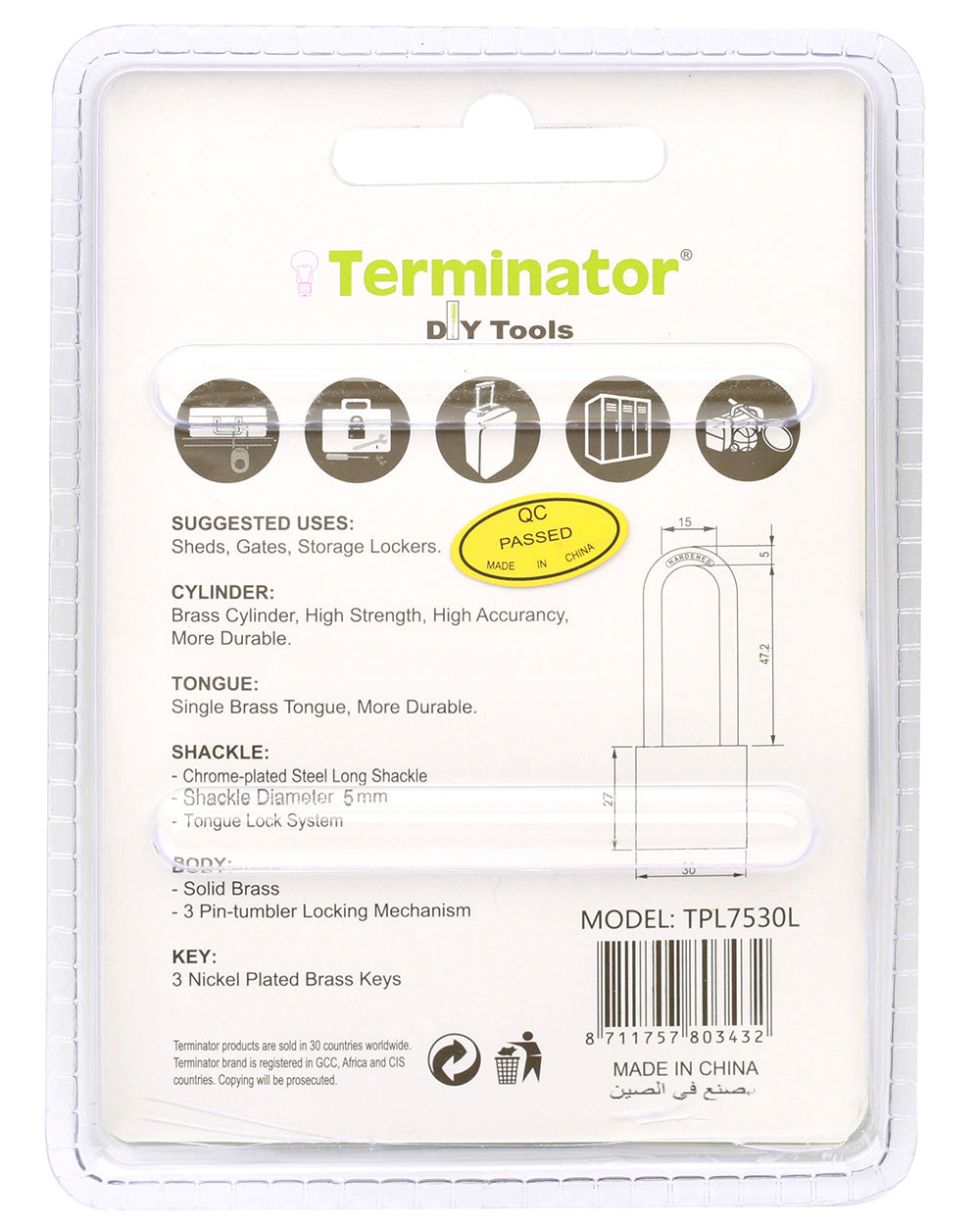 Terminator brand Long Shackle Brass Pad lock 30mm with 3 keys