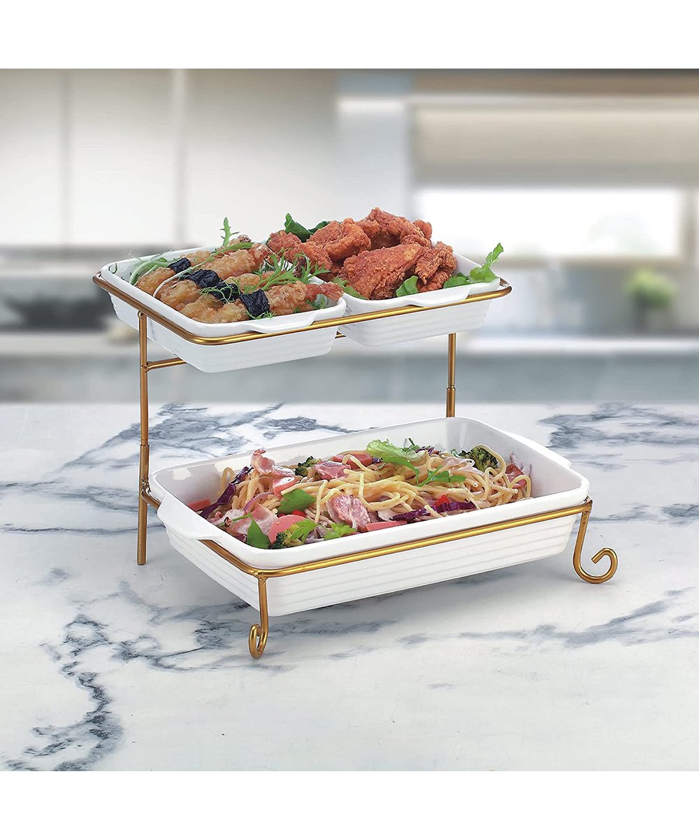 Shallow 2 Tier Rectangle Serving Set with Gold Stand 8 inch & 2 inch