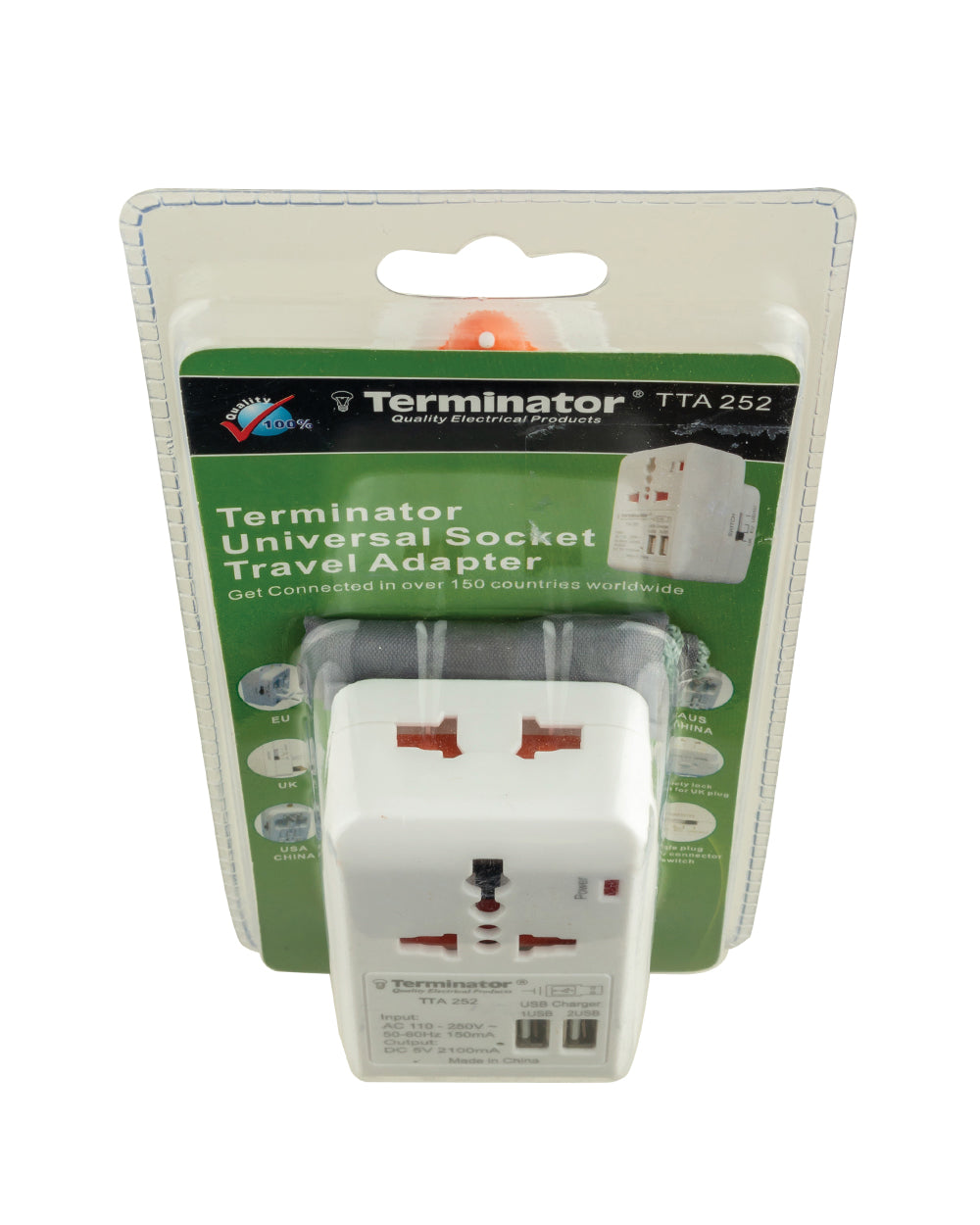 Terminator Multi-pin Travel Adaptor with Universal & 2RP Socket + 2 USB 2.1A