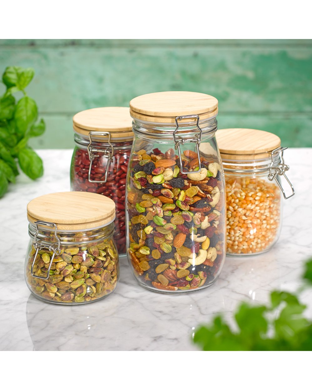 Tala 1.2 Liter Glass Jar with Bamboo Clip Top Lid Stainless Steel Clips & Clear Silicone Seals