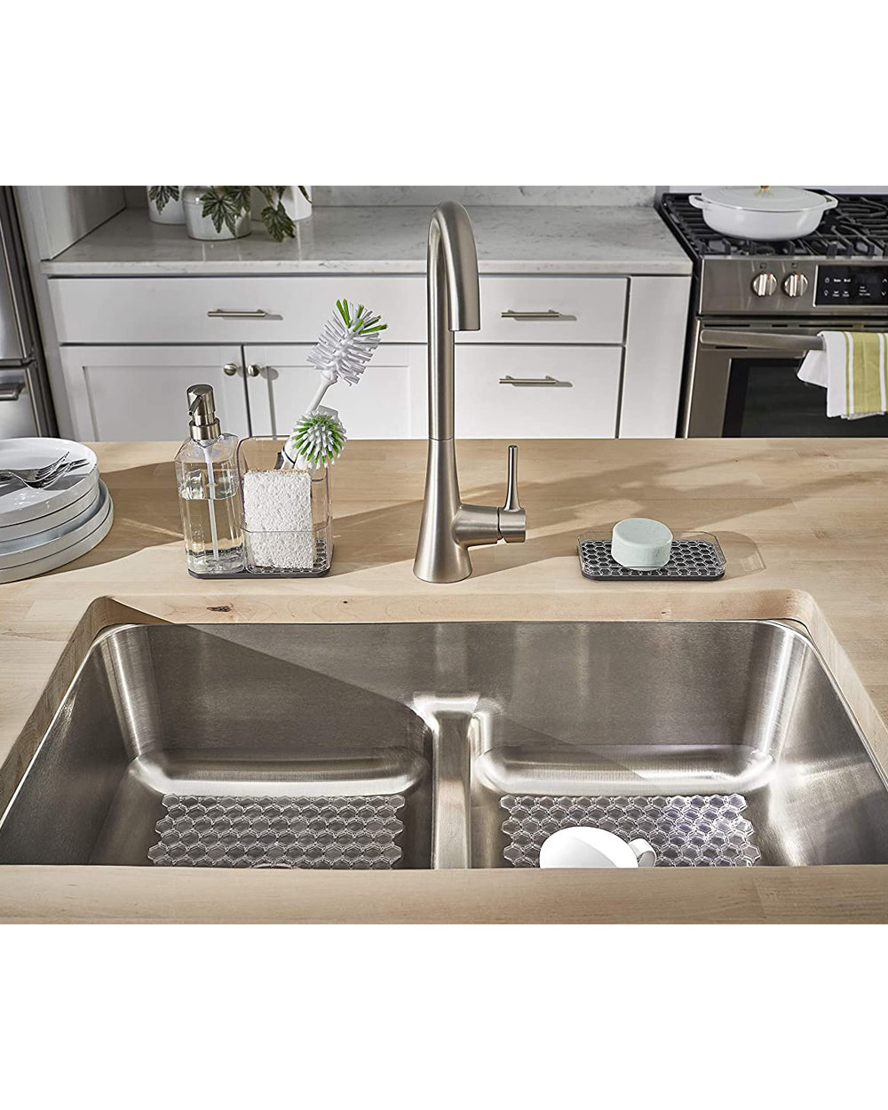 Spectrum Hexa Sink Sponge & Brush Organizer with Soap Pump